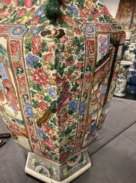 A large Chinese hexagonal famille rose vase, 19th C.